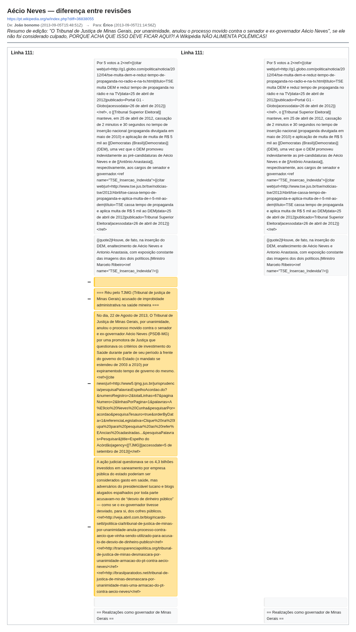 Captura de tela do diff em que Érico remove seção favorável a Aécio Neves, 5 de setembro de 2013
