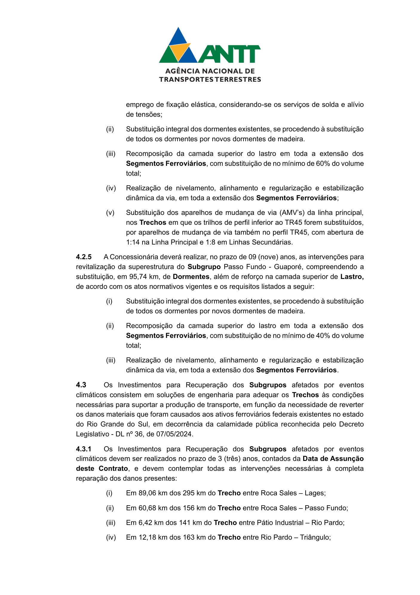 Página 13 do Caderno de Obrigações do Corredor Interestadual, com o item 4.3.1 sobre a recuperação de 89,06 km dos 295 km do trecho Roca Sales – Lages