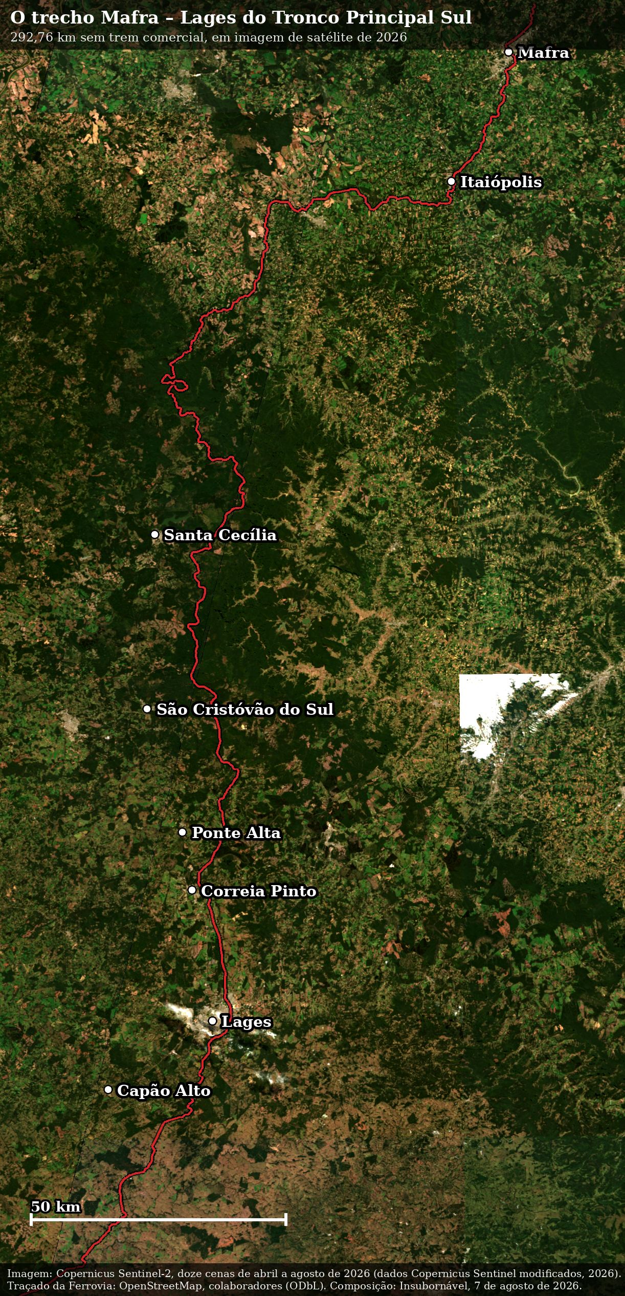 Imagem de satélite do planalto catarinense com o traçado da Ferrovia marcado em vermelho, de Mafra, ao norte, até Lages e Capão Alto, ao sul, com as cidades assinaladas.