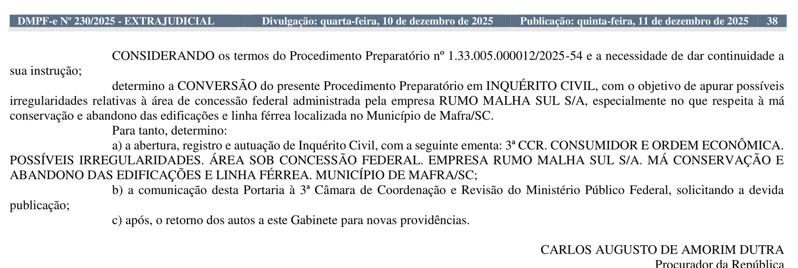 Trecho da página 38 do Diário Eletrônico do Ministério Público Federal de 11 de dezembro de 2025, com a portaria que converteu o procedimento preparatório em inquérito civil sobre o abandono da linha férrea em Mafra.