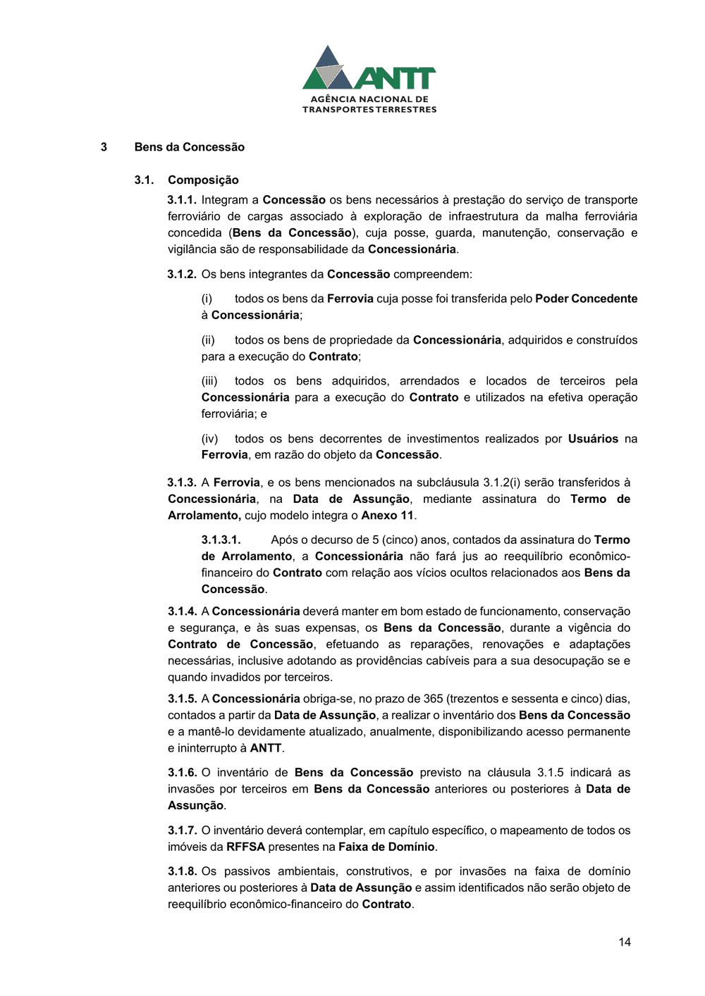 Página 14 da minuta de contrato do Corredor Mercosul, com a cláusula 3.1.4, que obriga a concessionária a manter os bens da concessão em bom estado.