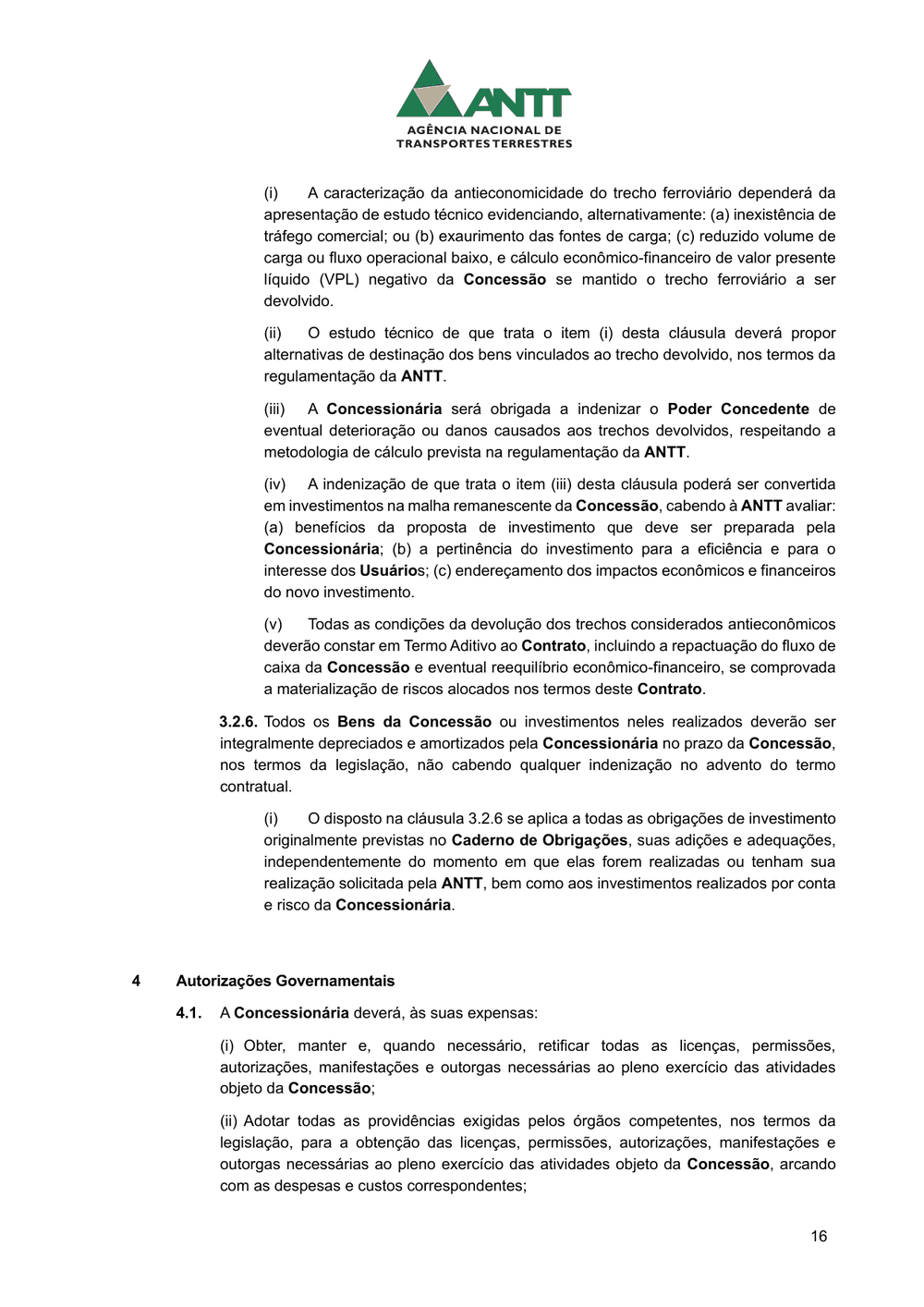 Página 16 da minuta de contrato, com os itens da cláusula 3.2.5 sobre indenização pela deterioração dos trechos devolvidos.