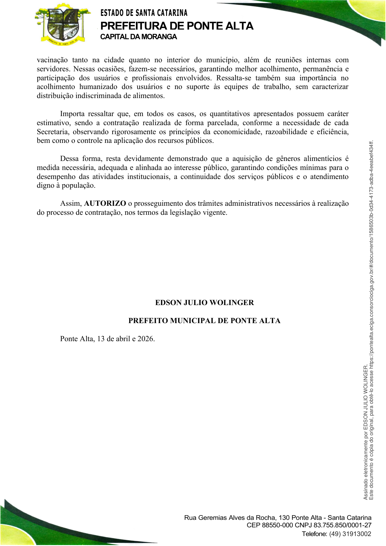 Despacho do Prefeito, 13 de abril de 2026.